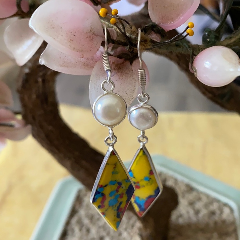 Vintage 925 pearl & mosaic earring